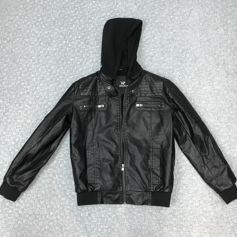 XRAY Jeans Jacket Boys 14-16 Black Faux Leather Sherpa Lined Removable Hood